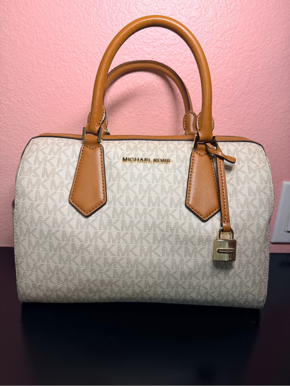 Michael Kors Hayes Duffle Satchel with Tan Trim